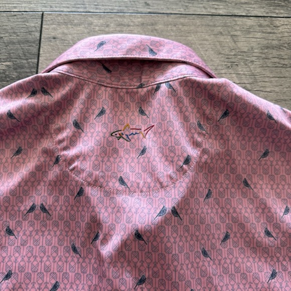 Greg‎ Norman Golf Polo Shirt Play Dry Performance Mens Large Pink All Over Print - Picture 8 of 8